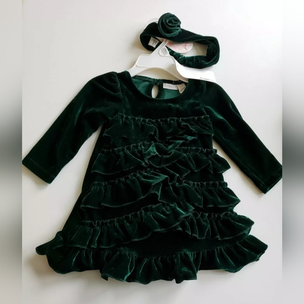 Camilla Dress 3 pc set Velour Holiday Dress Ruffled Front w panties & band 12 mo